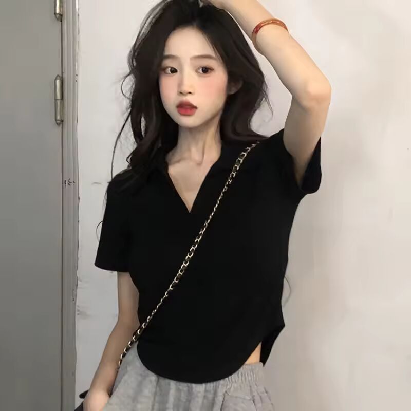 V-neck Shoulder White Short sleeve T-shirt Women Summer Design Sense Niche Irregular Slim fit Slimming Gyaru Pure Desire Top