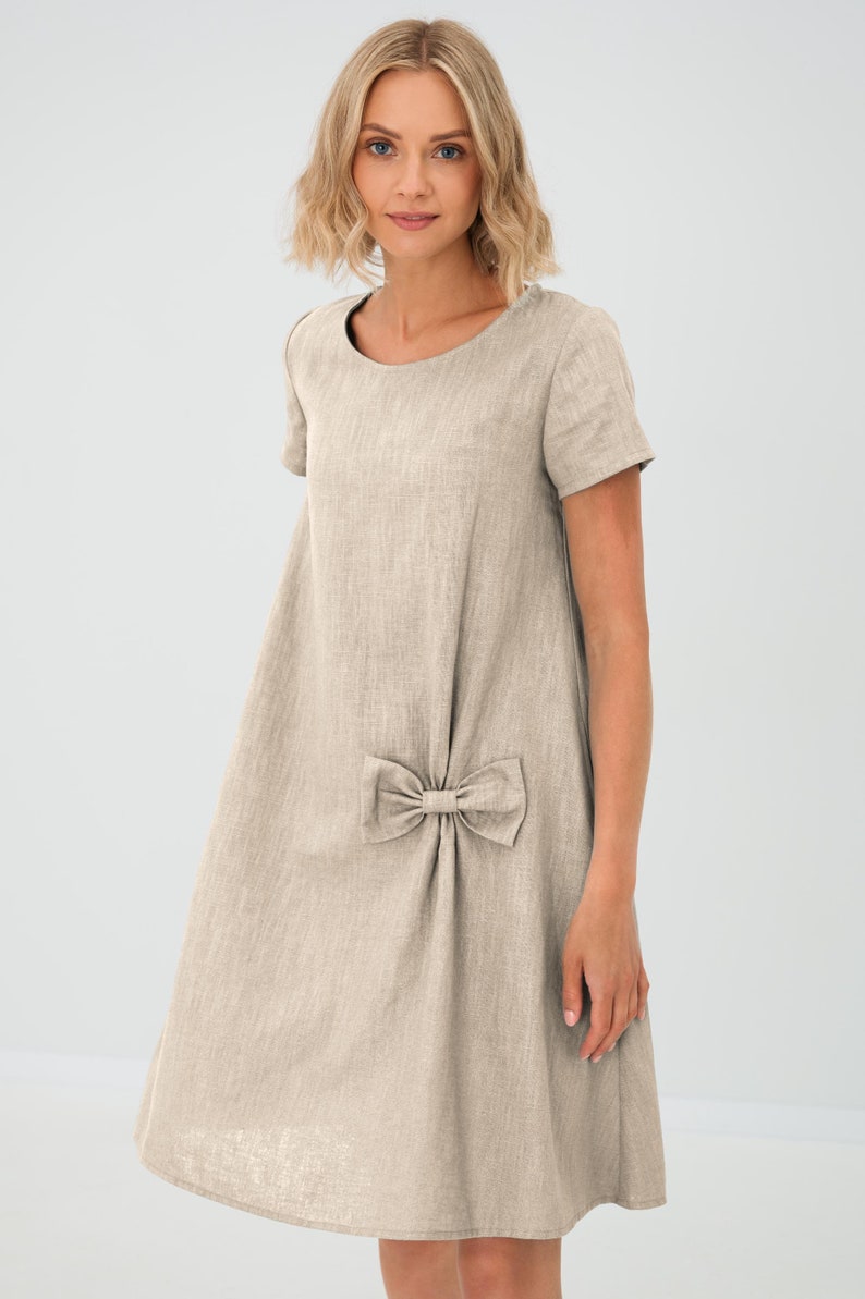 Pink Cocktail Dress, Womens Clothing, Minimalist Dress, Modest Linen Dress, Petite Dress, LeMuse Dress, Bow Dress, Loose Dress,