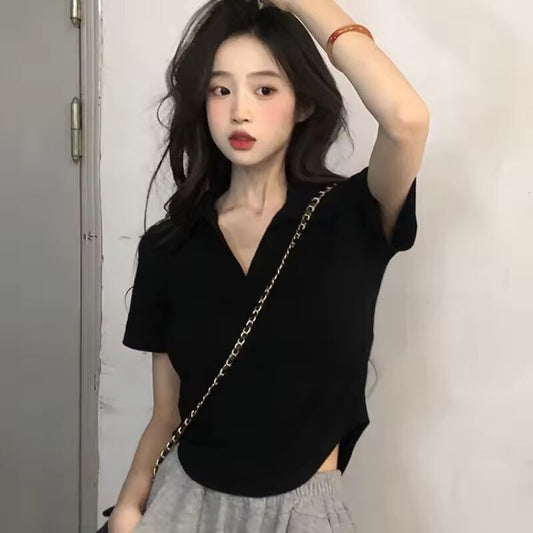 V-neck Shoulder White Short sleeve T-shirt Women Summer Design Sense Niche Irregular Slim fit Slimming Gyaru Pure Desire Top